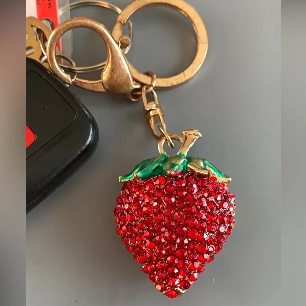 Purse strap accessories strawberry bedazzled bag charm keychain with gold clip
